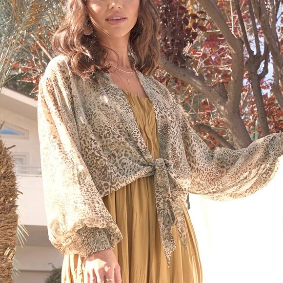MYSTREE Leopard Print Tie Front Blouse, Sheer Long Sleeve Animal Print Top - Picture 1 of 8